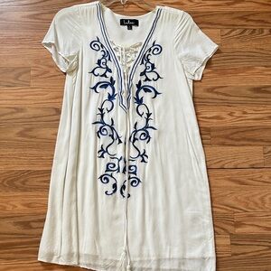 Lulu's Cream Dress with Blue Embroidery